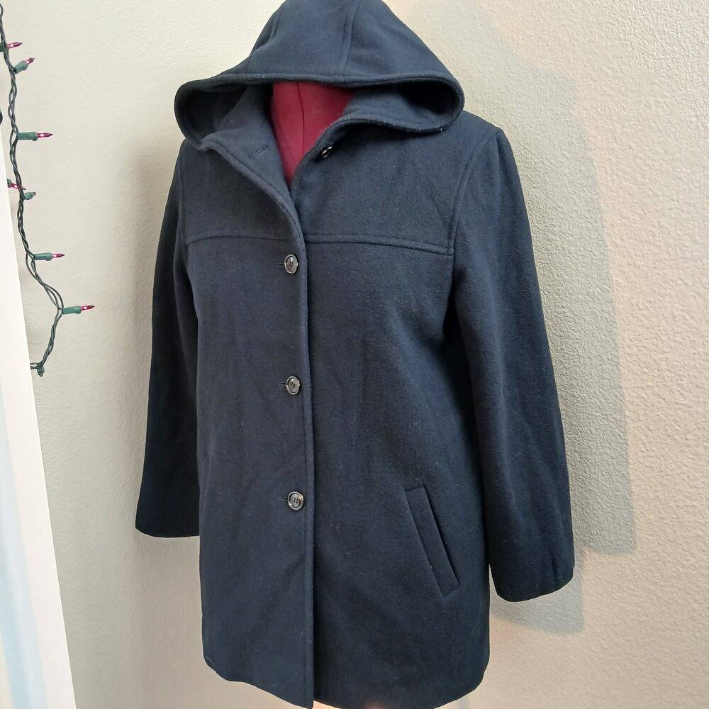 J. Percy Navy Hooded Merino Wool Coat Ladies M button front VTG Y2K made in USA